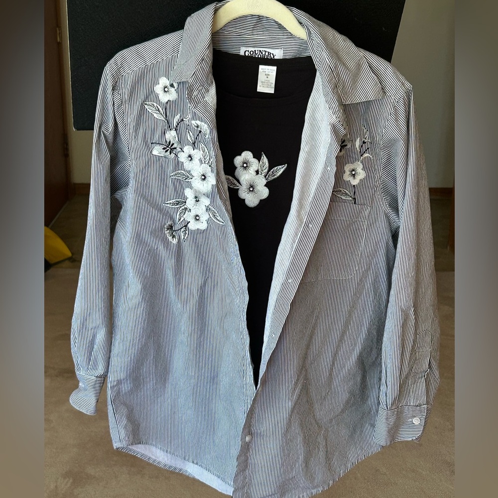 Striped Floral Embroidered Shirt with Matching SL Tee